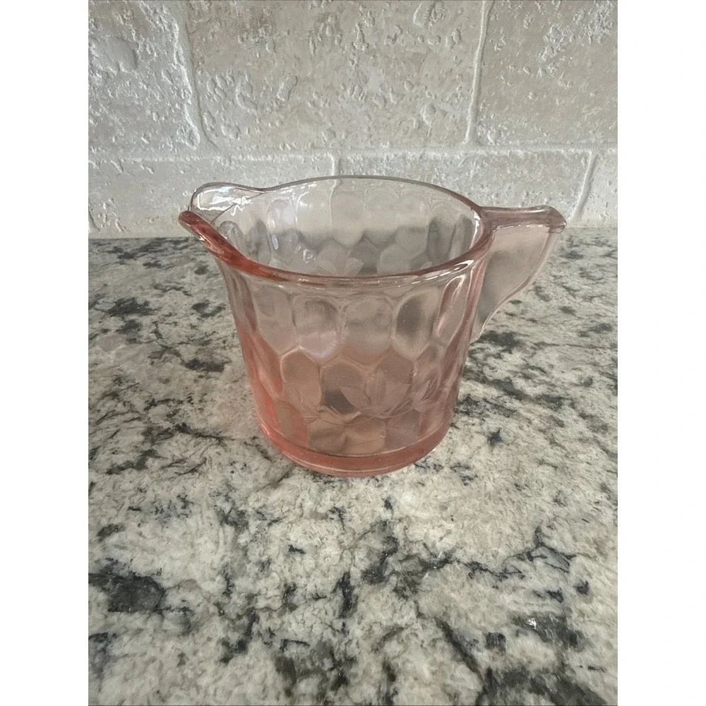 Vintage Etched Rose Pink Depression Glass Creamer/Sugar, Candy Set 1920's 1930's